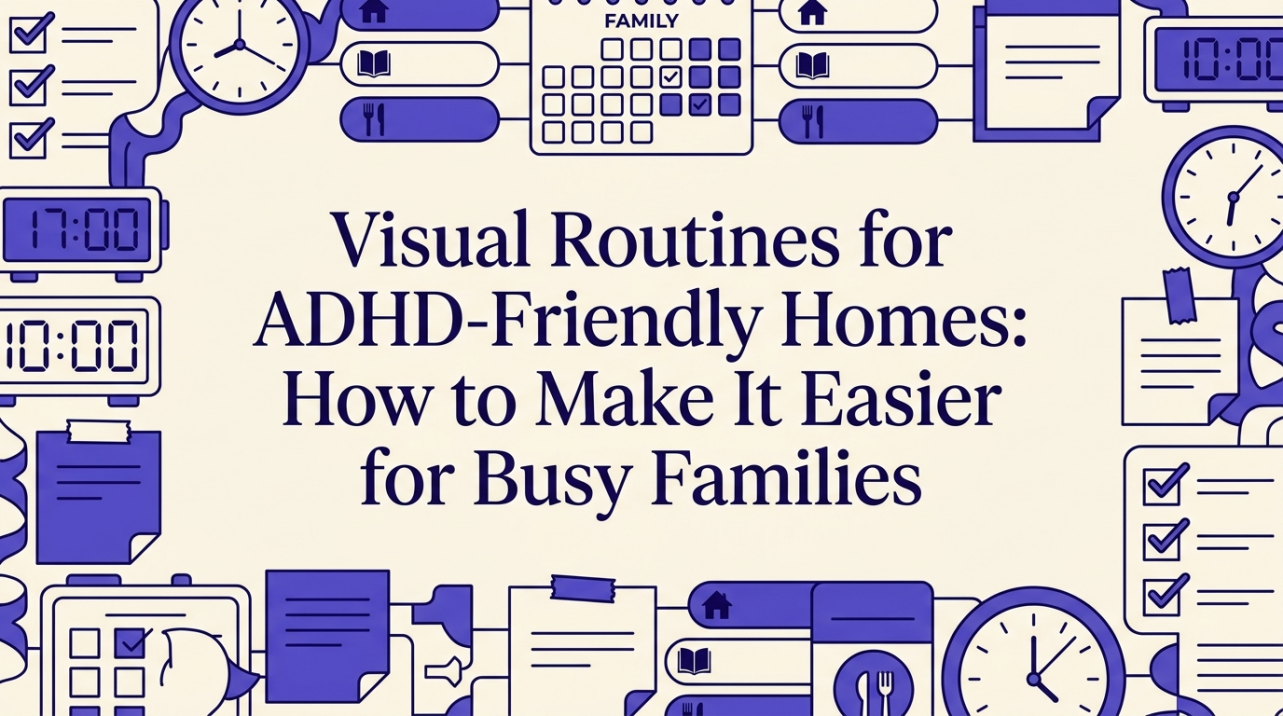 A family using visual schedules in a bright kitchen