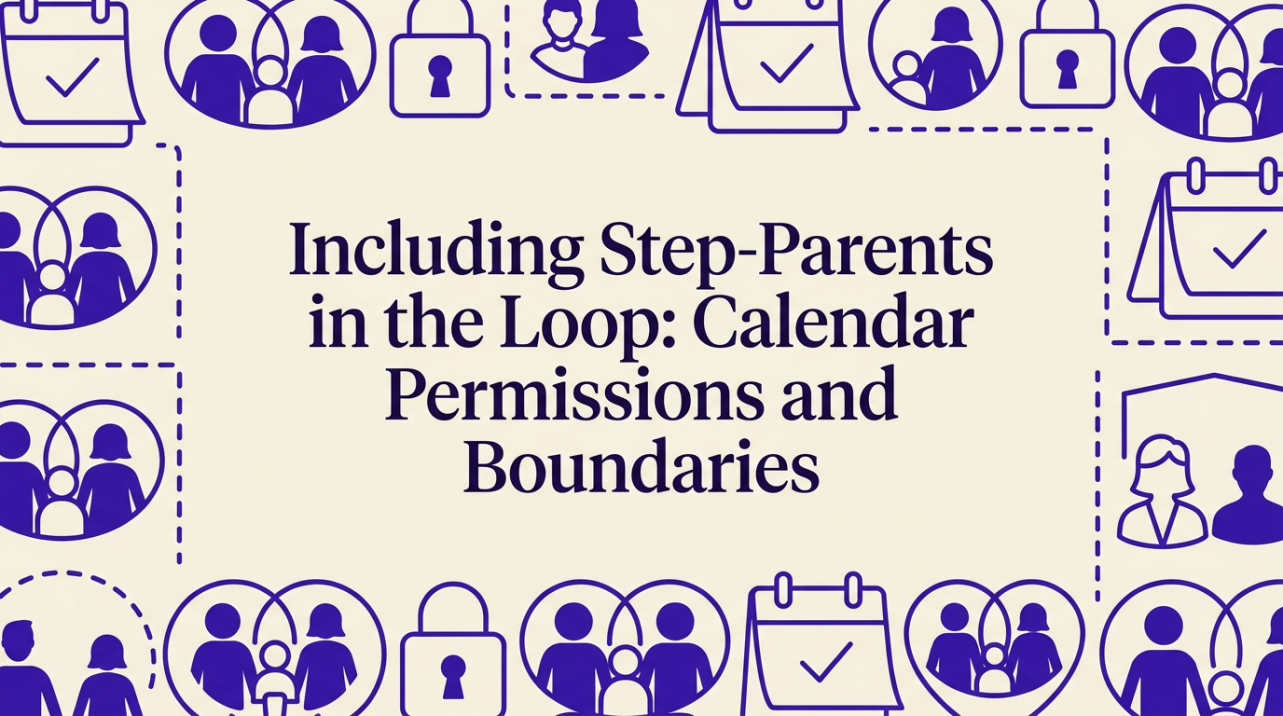 A shared family calendar surrounded by parent and step-parent figures with permission connection lines