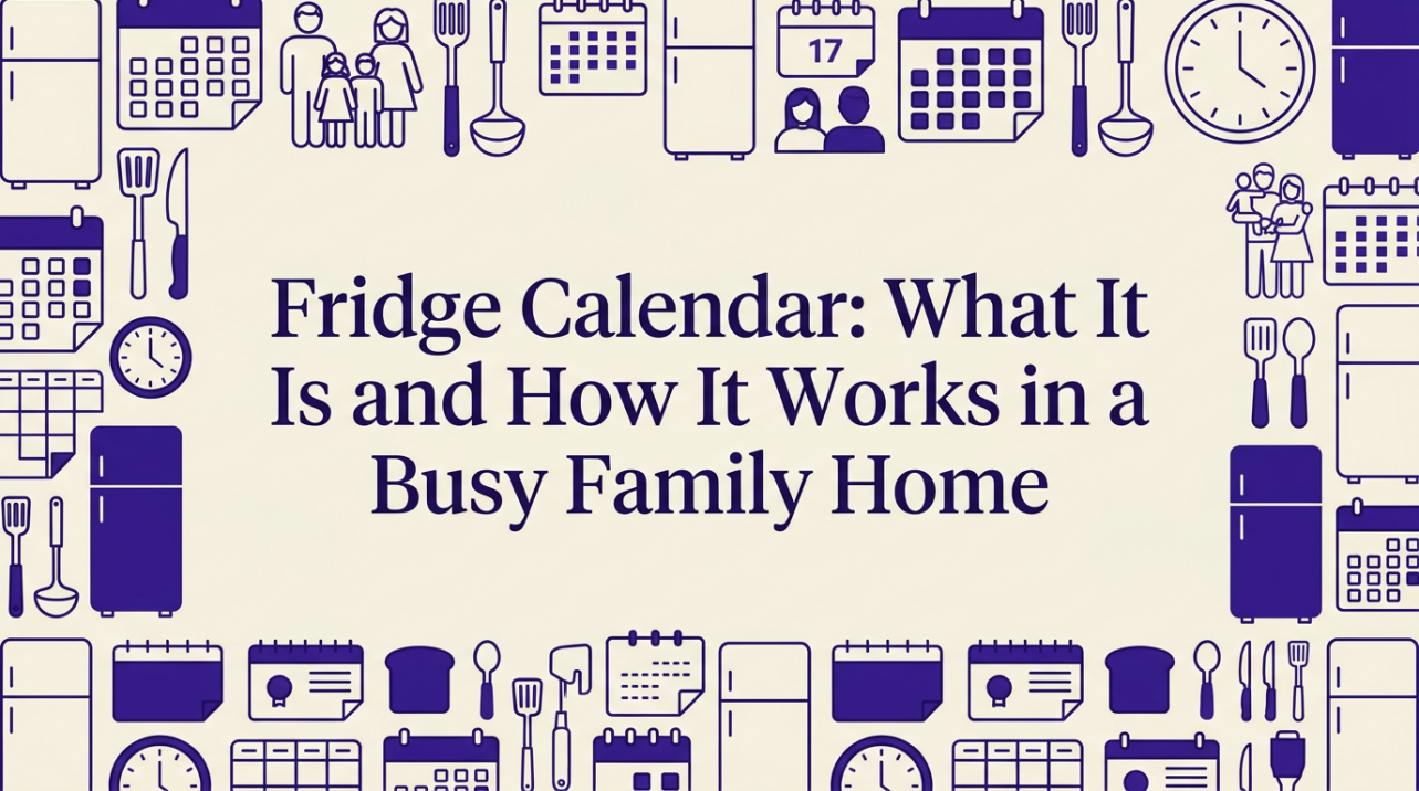 Busy family kitchen with fridge calendar and morning sunlight