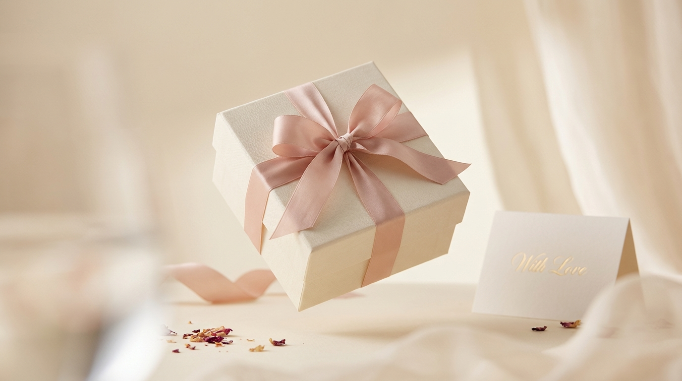 An elegant gift box tied with a pink ribbon floating above a table next to a "With Love" card for Valentine's Day.