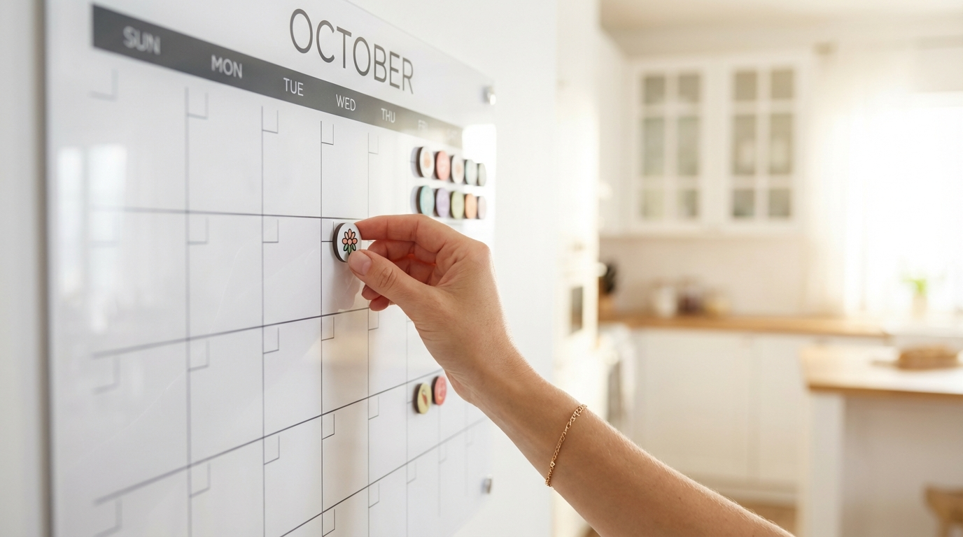 A hand placing a magnetic marker on a digital calendar wall to schedule an event in a bright kitchen.