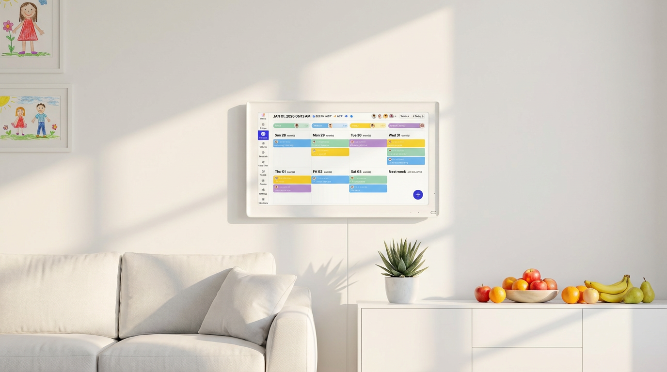 A wall-mounted digital family calendar organizing a colorful weekly schedule in a bright, modern living area.