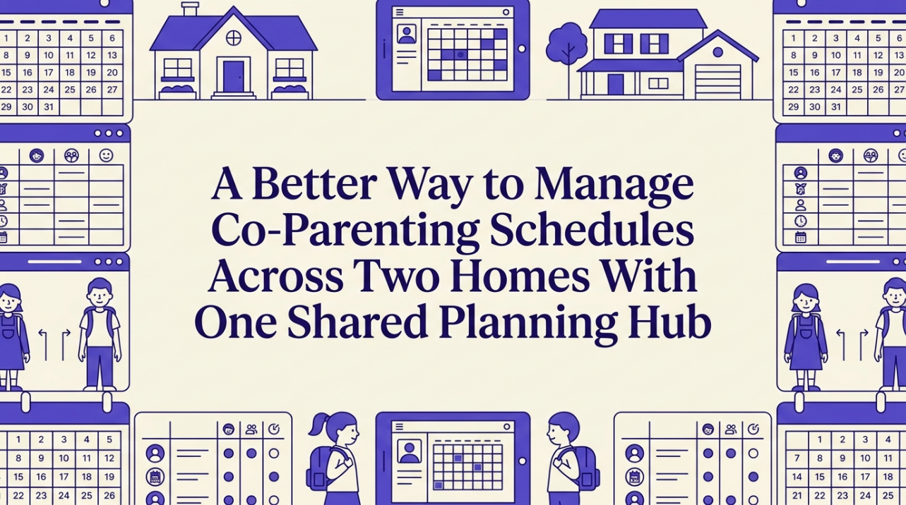 Two homes connected by a shared calendar hub showing coordinated schedules