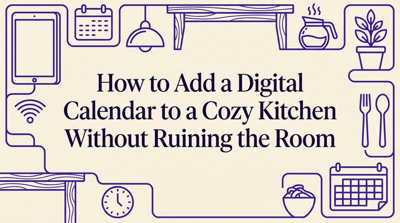 Warm cozy kitchen with digital calendar elegantly integrated near refrigerator