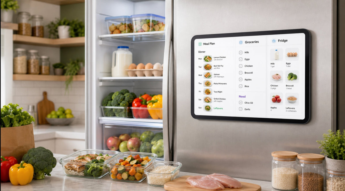 everblog fridgecal showing meals, family calendar, grocery list, and fridge inventory
