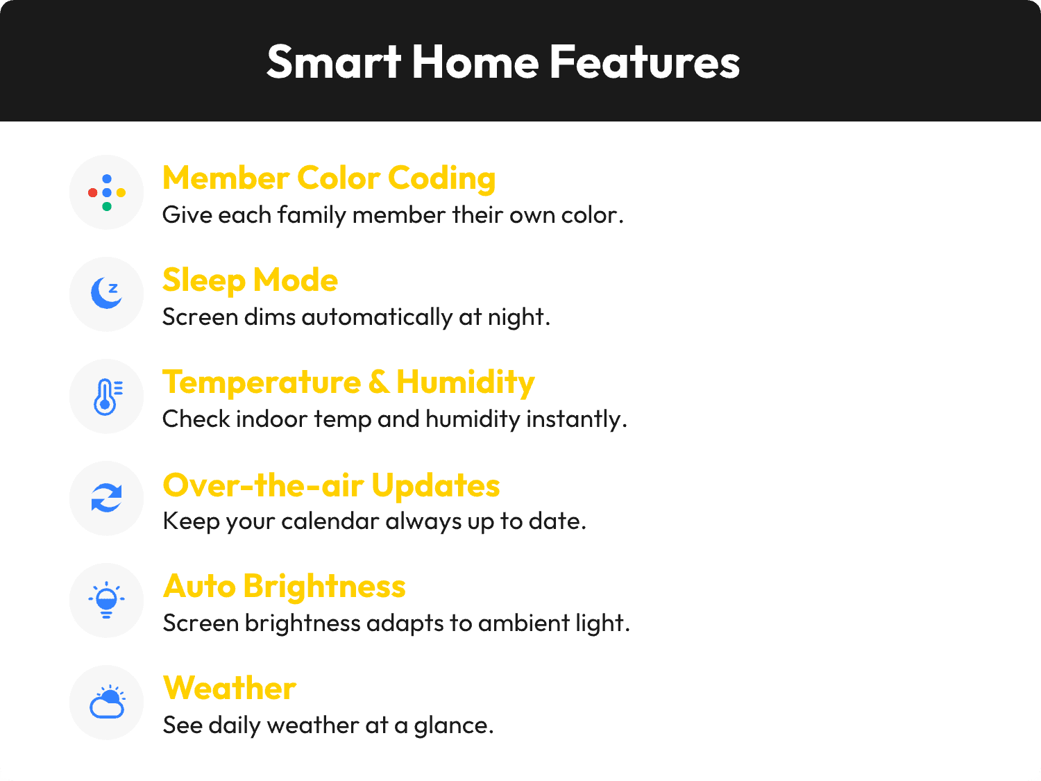 Everblog 21.5" smart home features: color coding, sleep, temp/humidity, updates, auto brightness, weather.