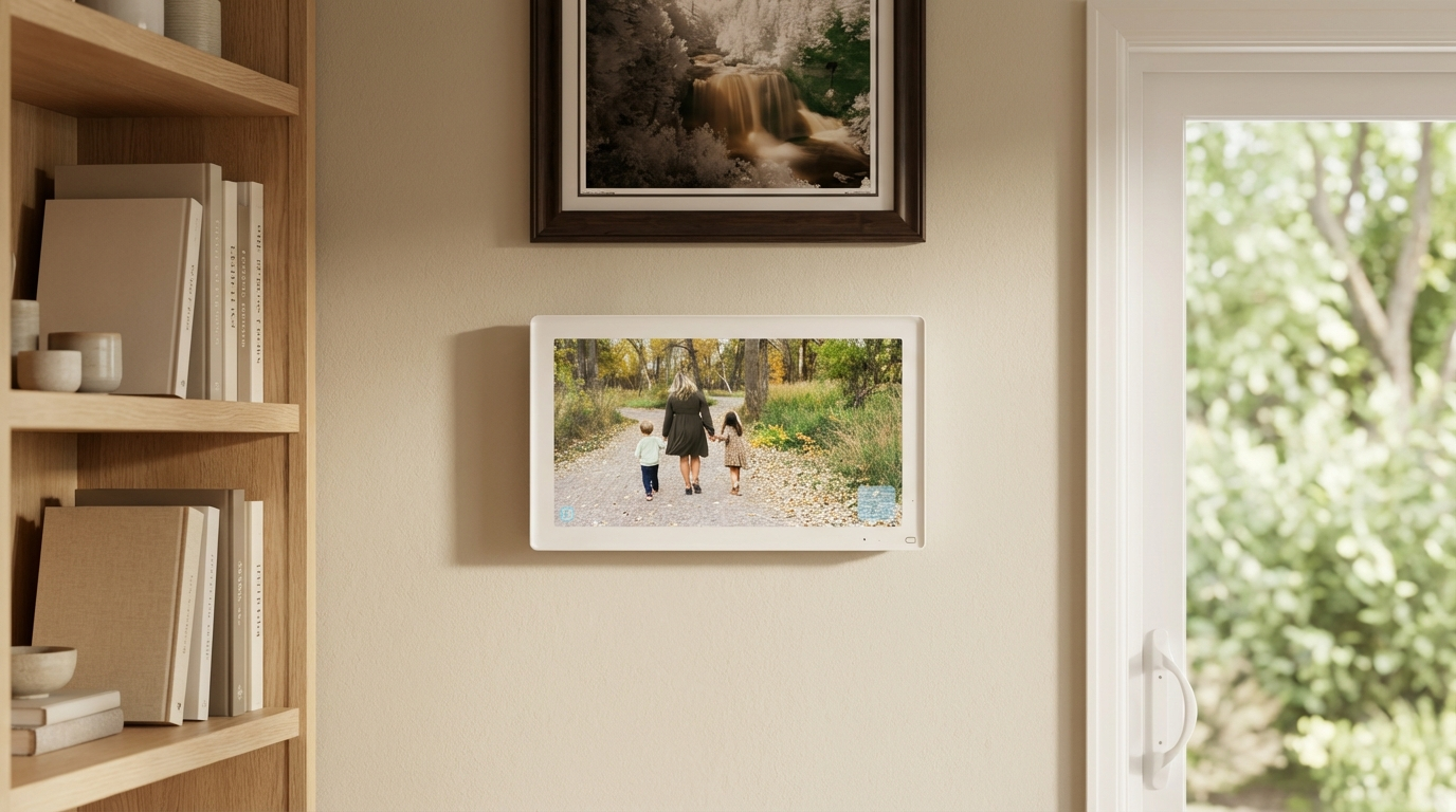 A digital calendar display mounted on a wall showcasing a family photo in a cozy home office.