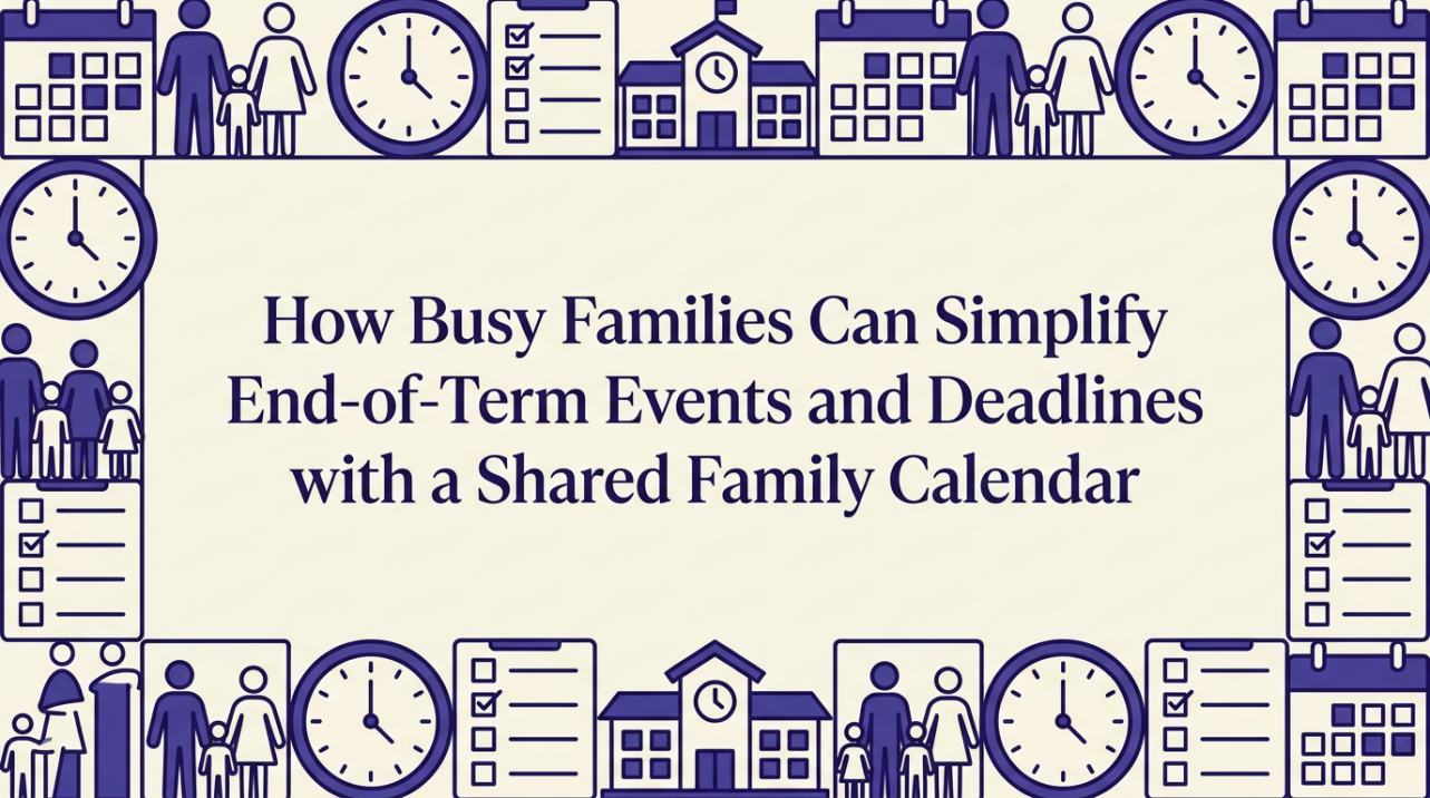 A bird's-eye view of an organized family calendar system with school items and planning tools