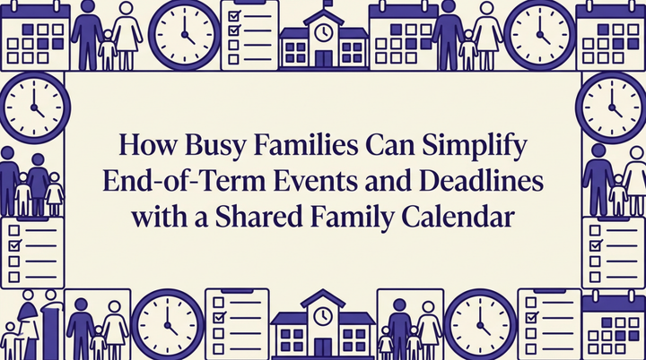 A bird's-eye view of an organized family calendar system with school items and planning tools