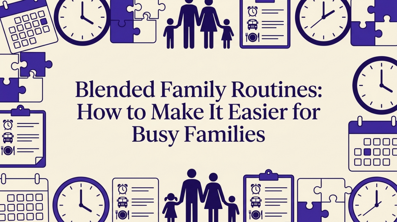 A blended family reviewing their shared calendar together in a bright kitchen