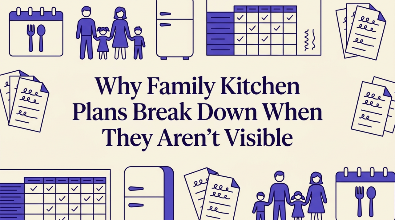 A bright family kitchen with a visible planning board on the wall
