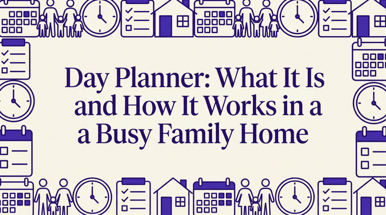 A busy family reviewing their shared day planner in a bright kitchen