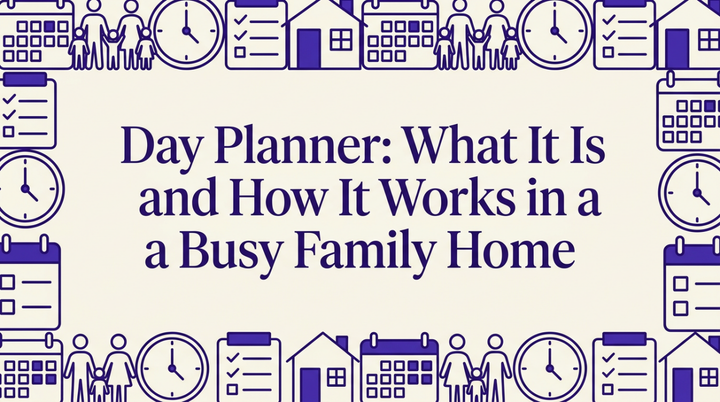 A busy family reviewing their shared day planner in a bright kitchen
