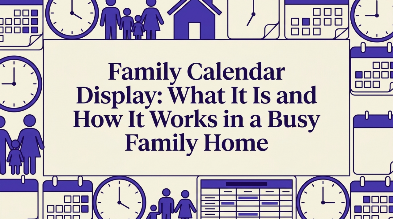 A family checking a digital calendar display in a bright kitchen