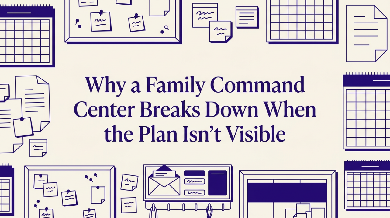 A family checking a visible wall command center in a busy morning kitchen