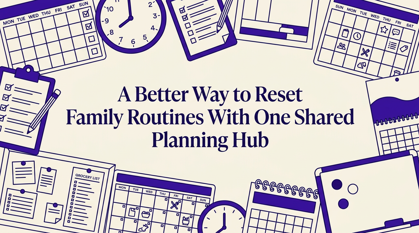 A family checking their shared planning hub together in a bright kitchen