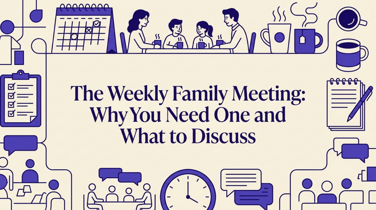 A family gathered around a table reviewing their weekly calendar together