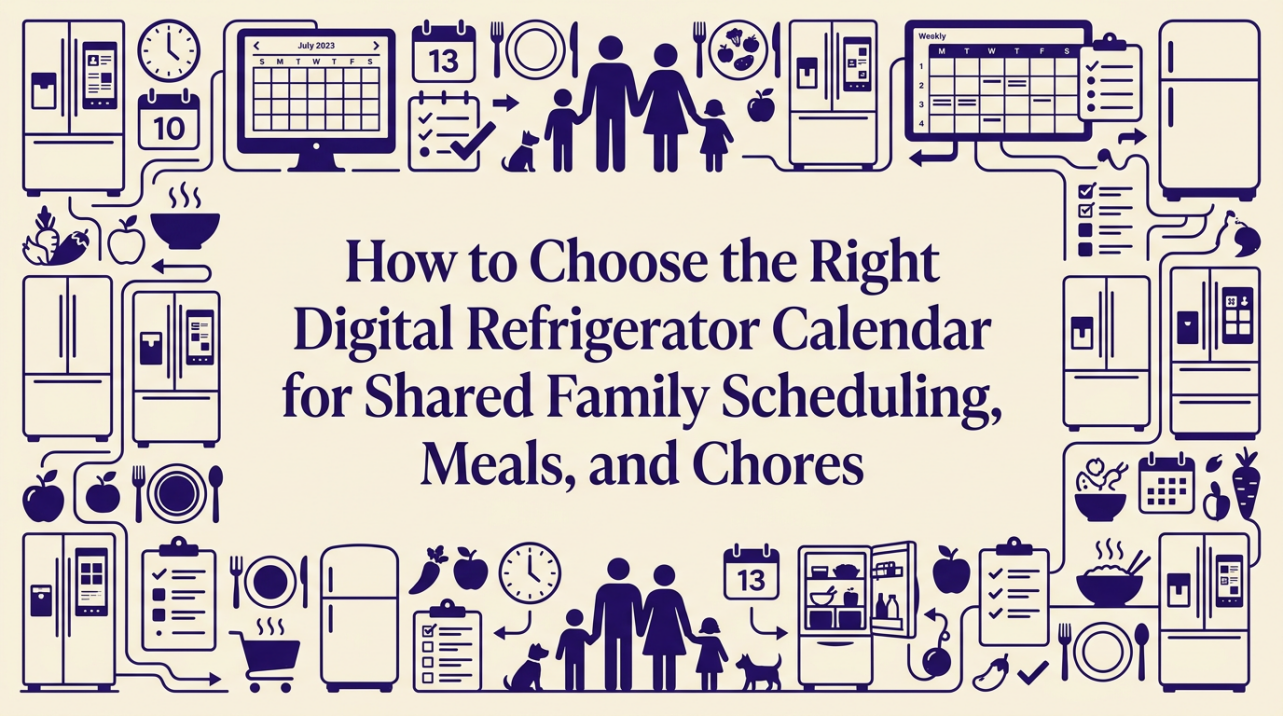 A family gathered in a bright kitchen around a refrigerator with a digital calendar display