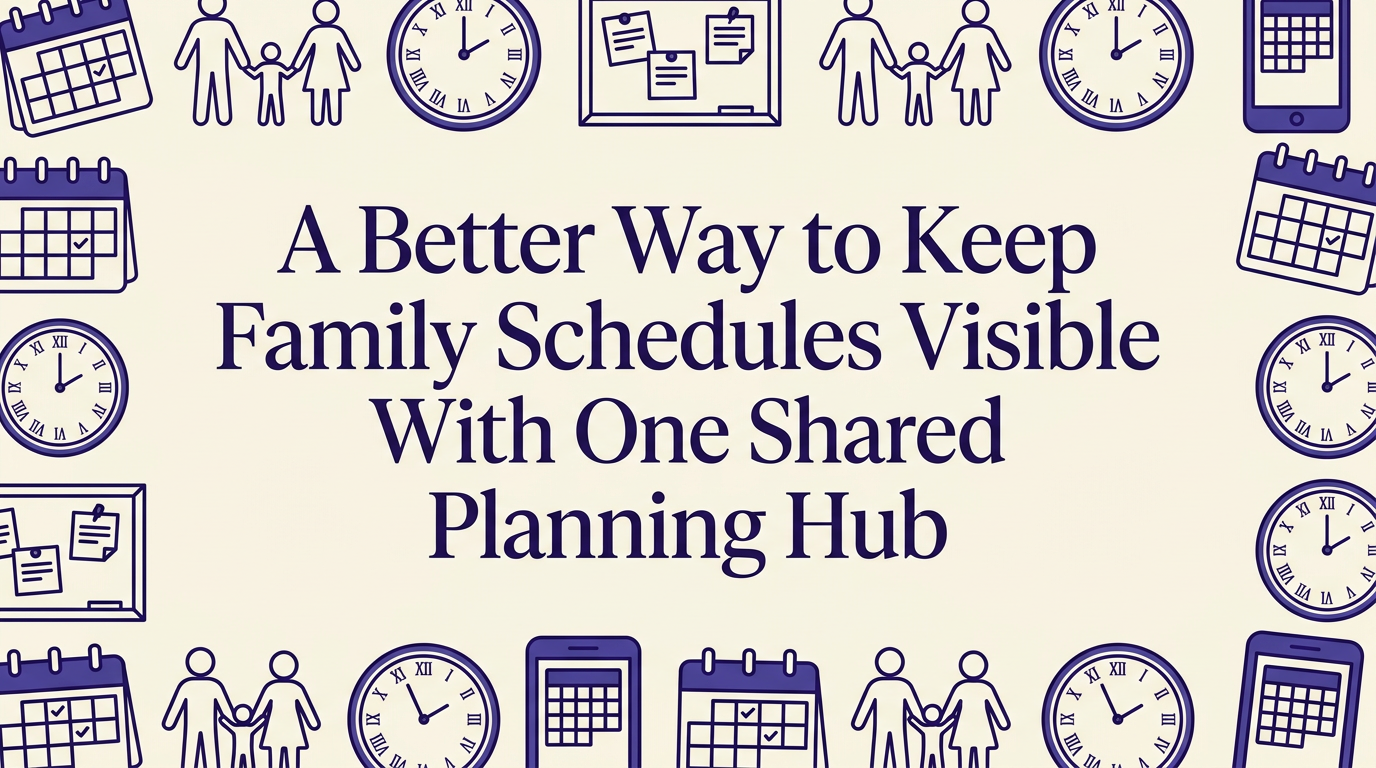 A family kitchen wall with organized calendar and planning boards in natural morning light