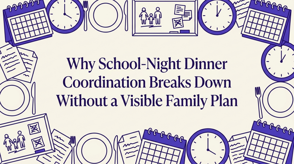 A family kitchen with a visible dinner planning calendar on the table at dusk