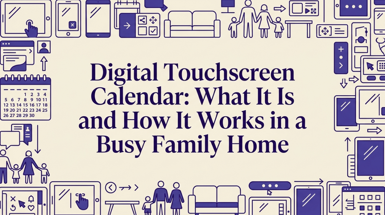 A family kitchen with a wall-mounted digital touchscreen calendar displaying a weekly schedule