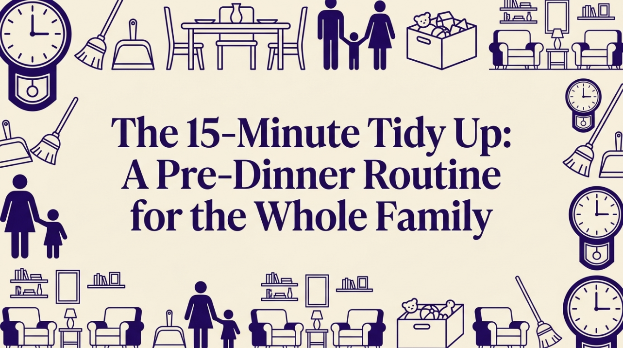 A family tidying up their living room together before dinner
