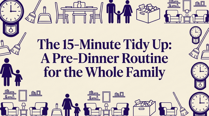 A family tidying up their living room together before dinner