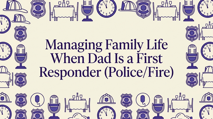 A firefighter father standing at his home's front door with family silhouettes visible through the window