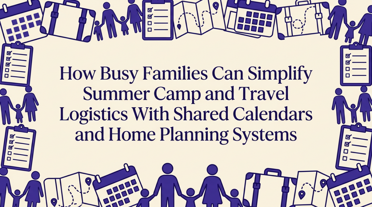 A flat illustration showing a shared family calendar with color-coded events connected to a home command center