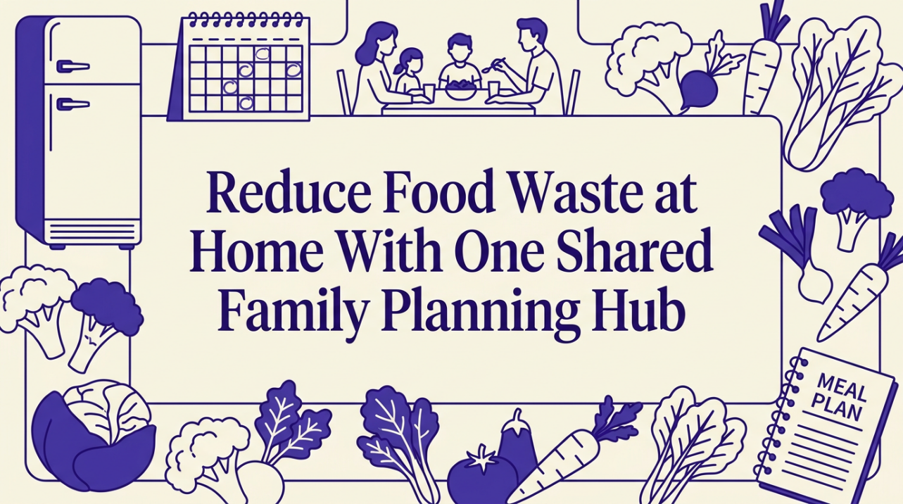 A kitchen planning hub with calendar and food lists on refrigerator