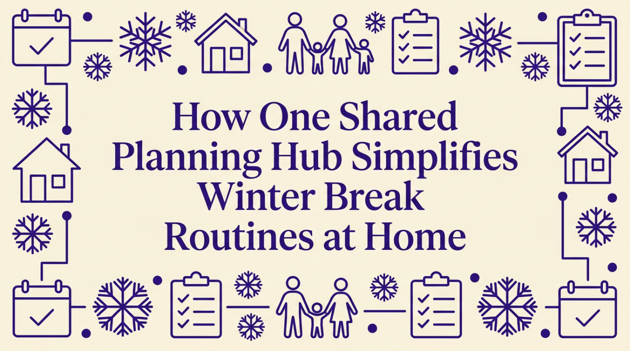 A minimalist family planning hub with calendar, meal plan, and chore board organized on a kitchen wall