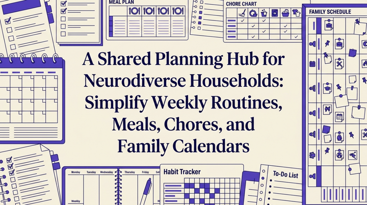 A minimalist illustration of a family planning hub with calendar, meal plan, and chore board