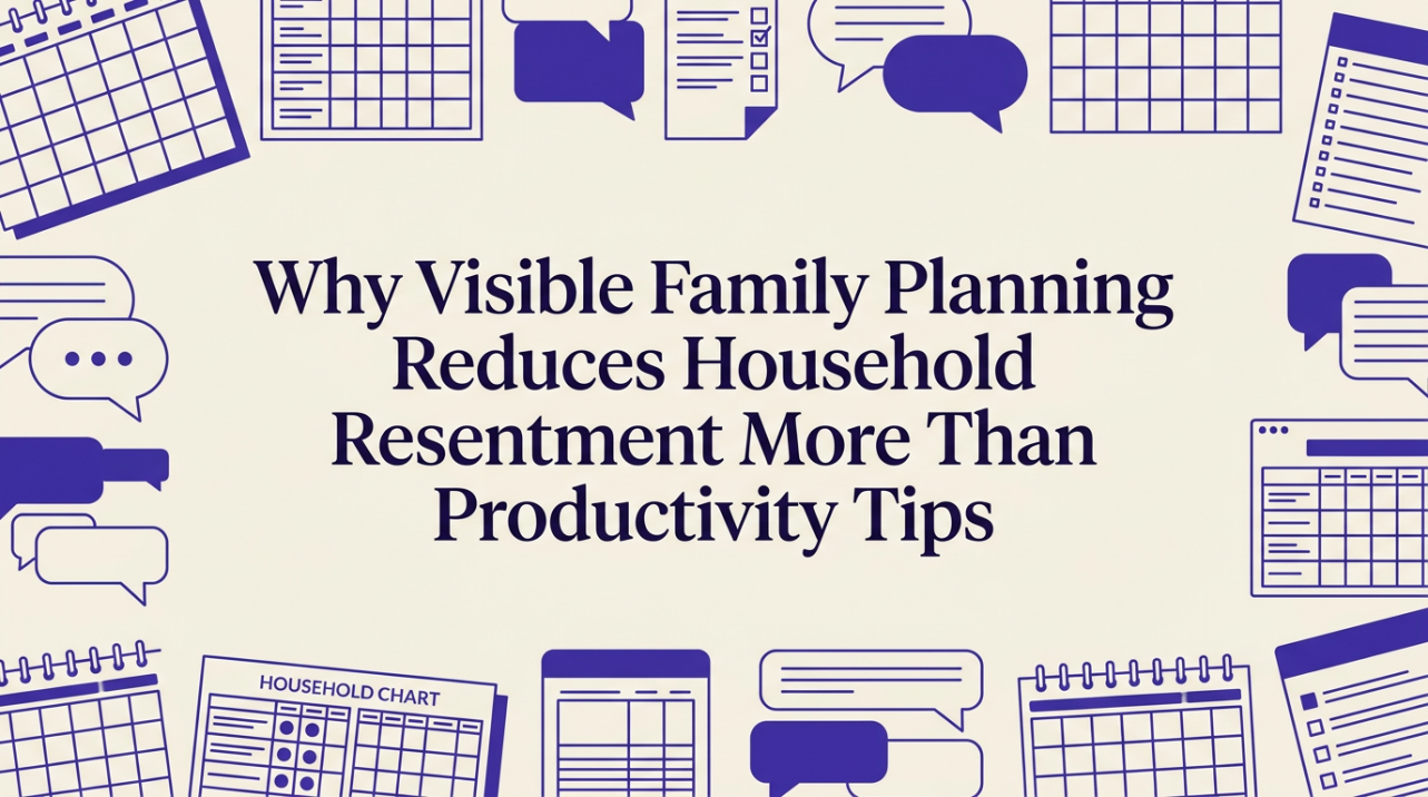 A minimalist illustration of a shared family planning system with calendar and task elements