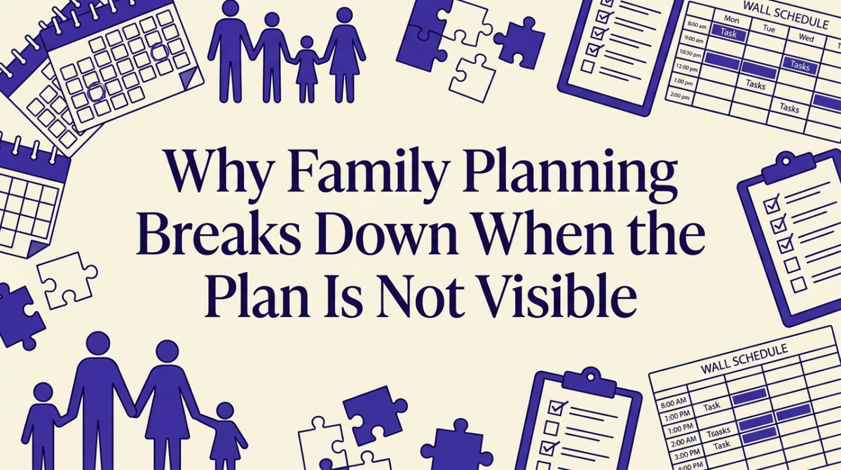 A modern family planning board with calendar, meal chart, and task lists on a kitchen wall