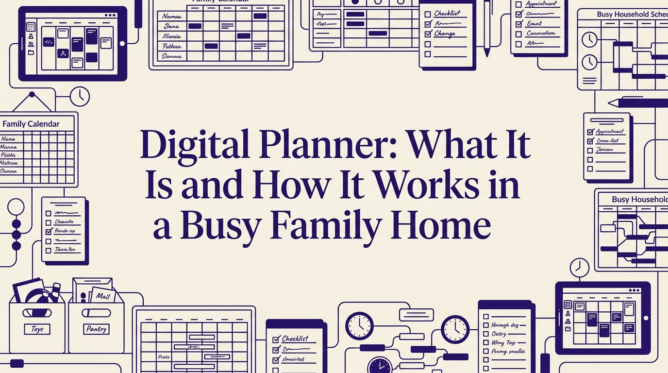 A modern kitchen with a wall-mounted digital family calendar and synced smartphone