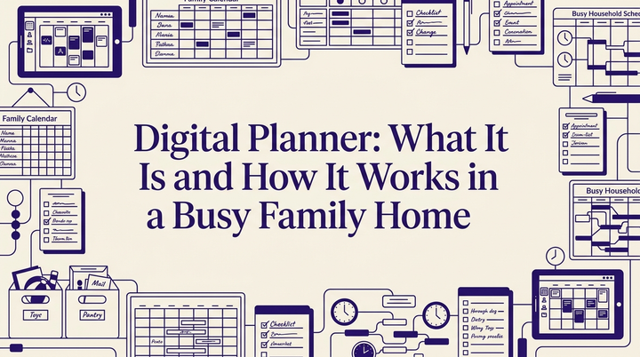 A modern kitchen with a wall-mounted digital family calendar and synced smartphone