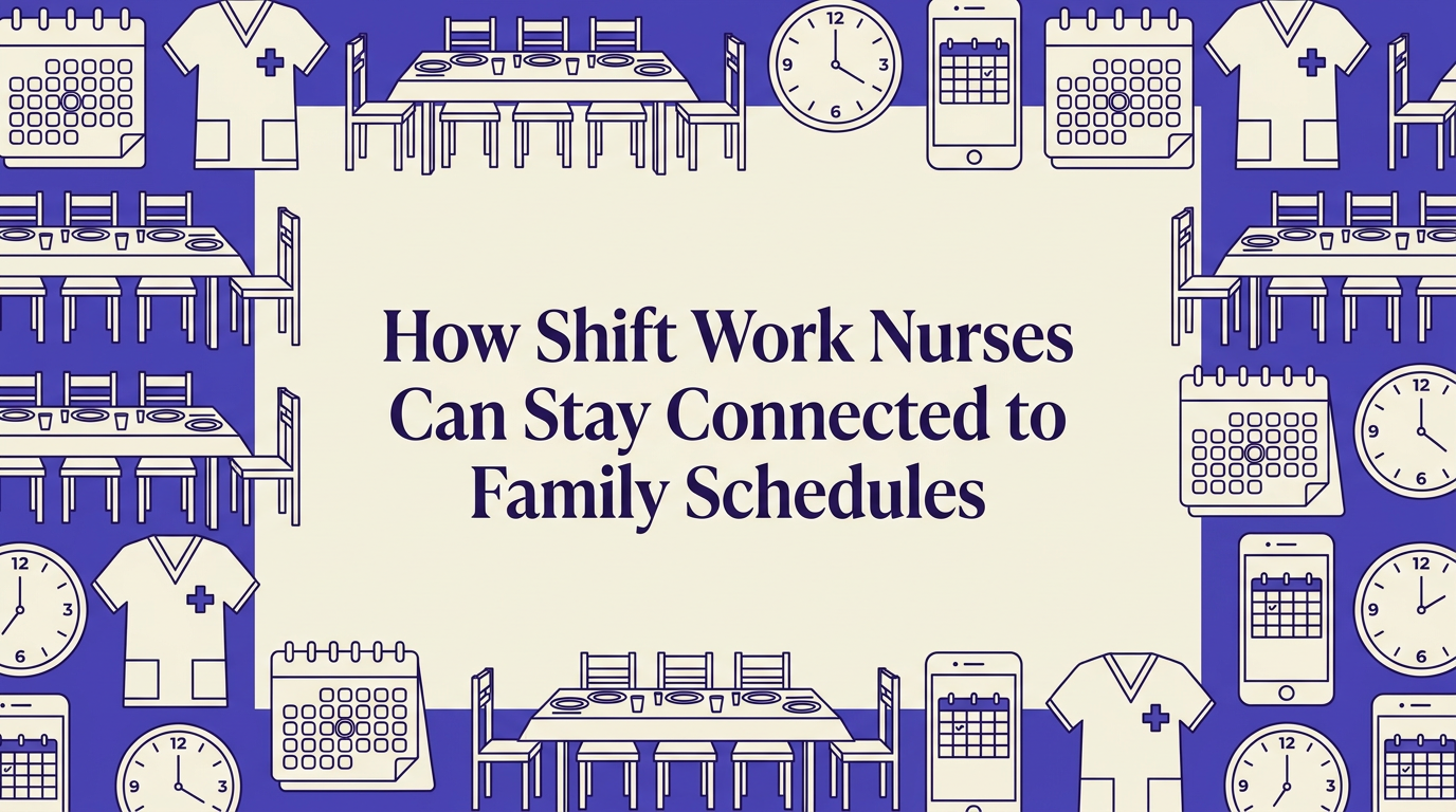 A nurse and family members reviewing a shared calendar together in their kitchen