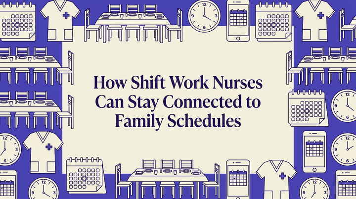 A nurse and family members reviewing a shared calendar together in their kitchen