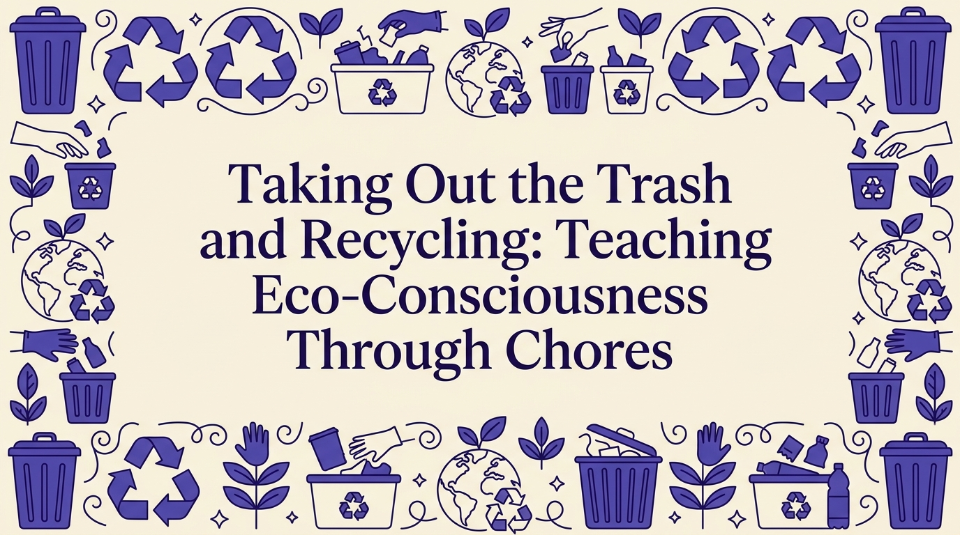 A parent and child sorting recyclables together in a bright kitchen