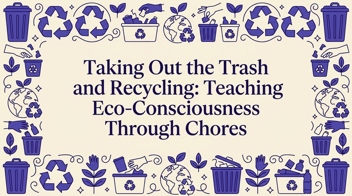 A parent and child sorting recyclables together in a bright kitchen