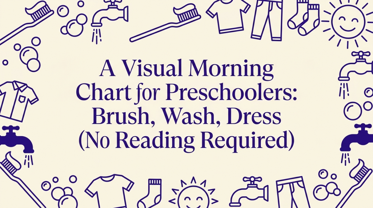 A preschooler pointing at a visual morning routine chart on the bathroom wall