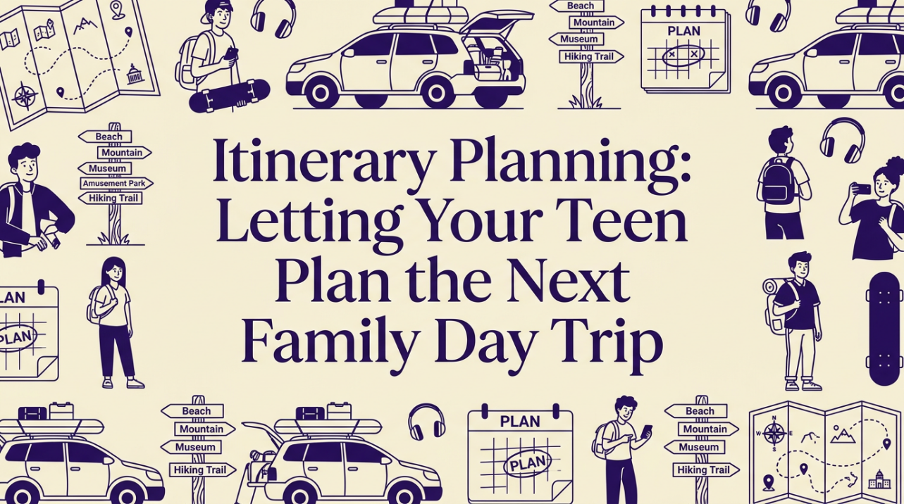 A teen planning a family trip with parents around a kitchen table