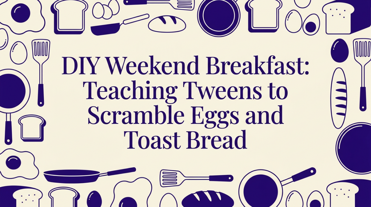 A tween learning to whisk eggs in a bright family kitchen
