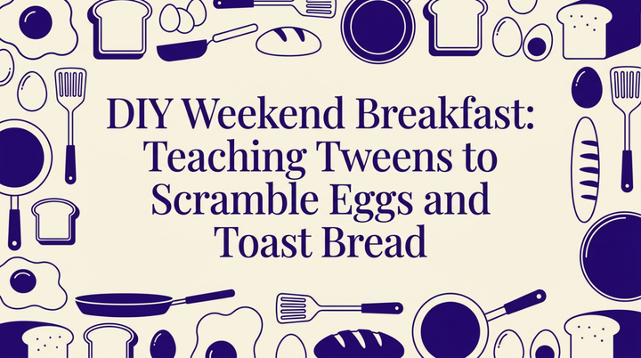 A tween learning to whisk eggs in a bright family kitchen