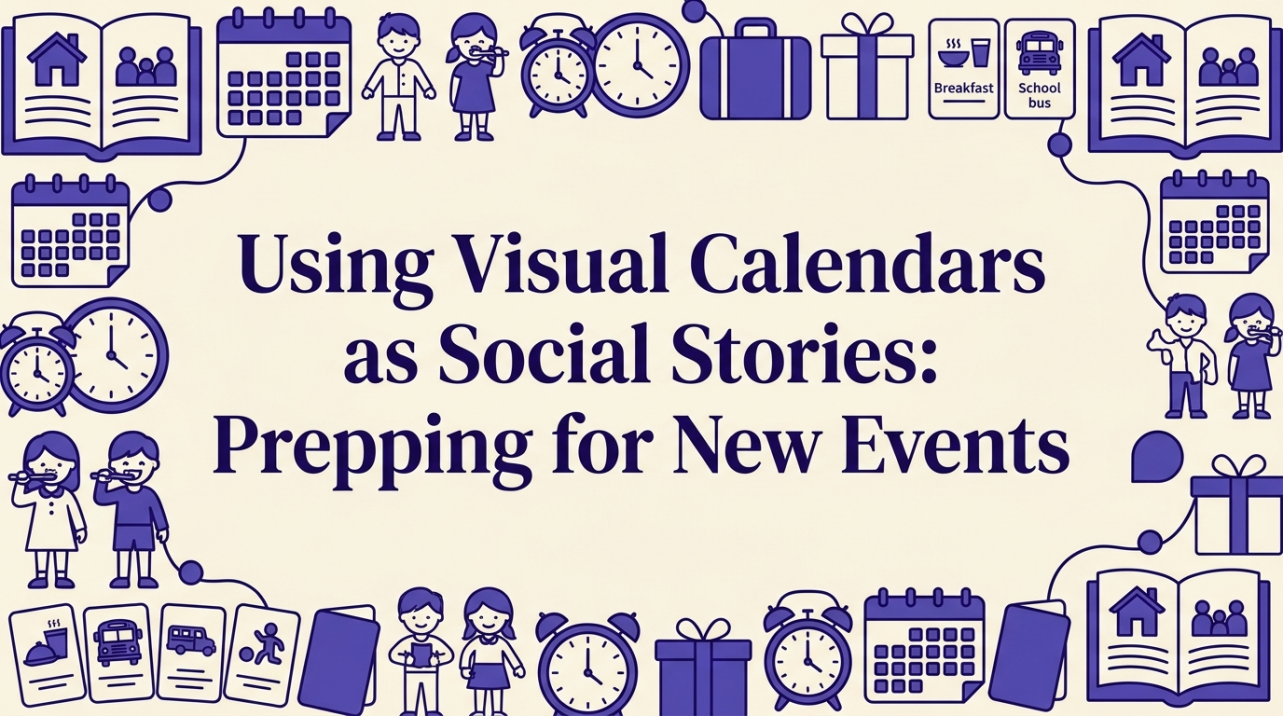 A visual calendar with colorful event cards and a child reviewing upcoming activities