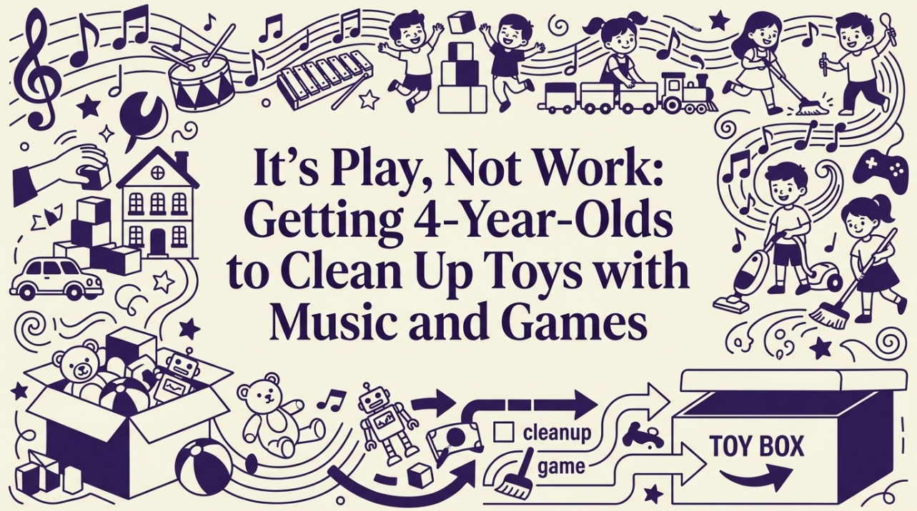 A young child happily cleaning up toys with music in a sunlit playroom