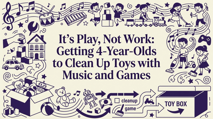 A young child happily cleaning up toys with music in a sunlit playroom