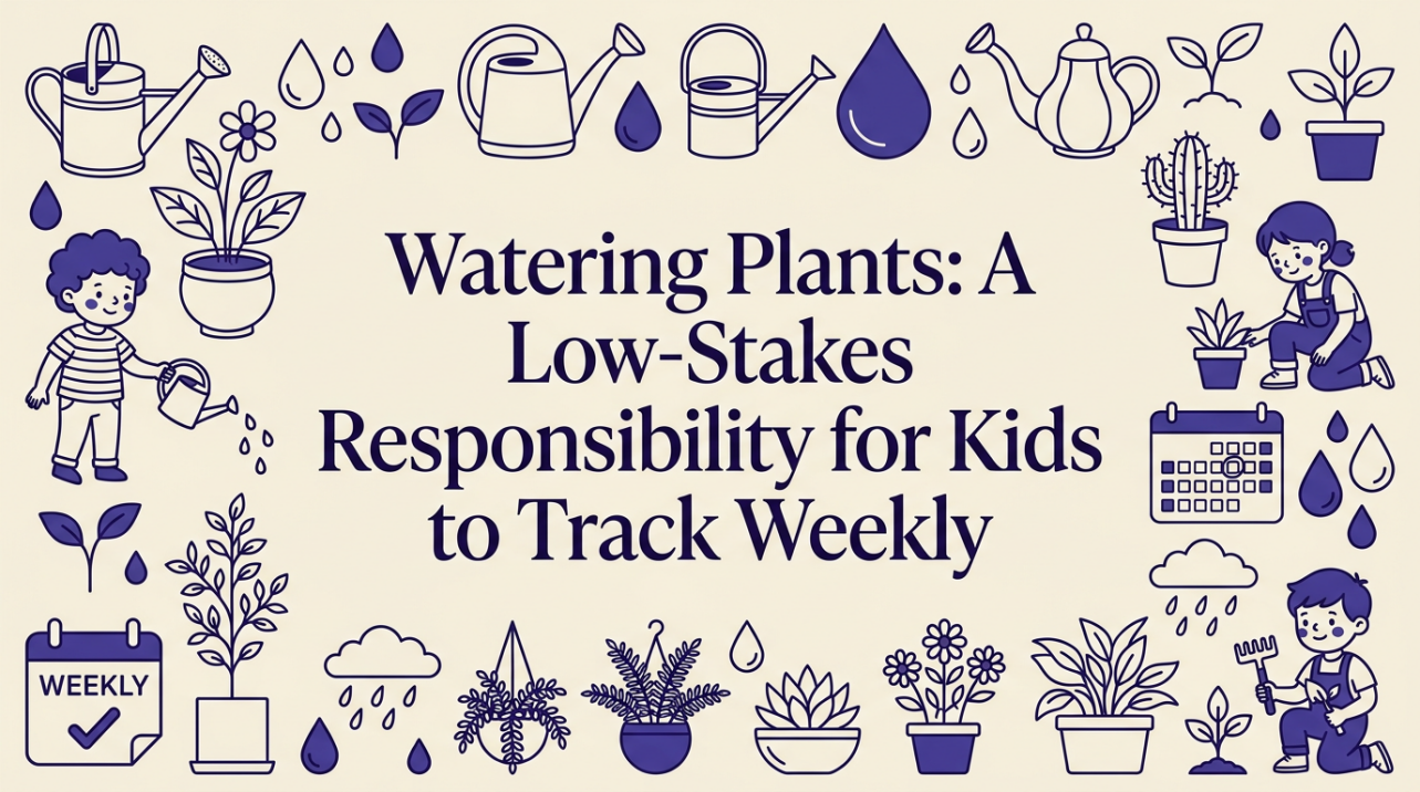 Child gently watering a potted plant on a bright kitchen windowsill