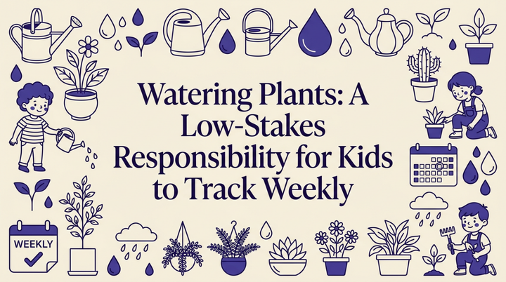 Child gently watering a potted plant on a bright kitchen windowsill
