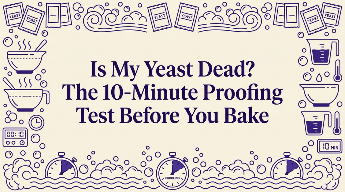Clear measuring cup showing foamy active yeast on kitchen counter